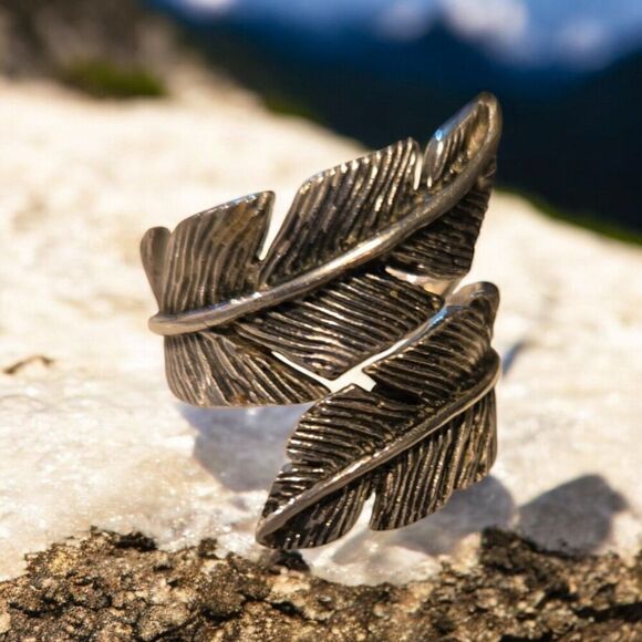 STAINLESS STEEL RETRO FEATHER RING - Picture 2 of 2